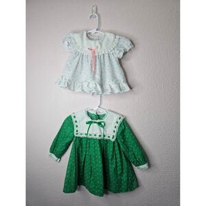 Vintage Baby Girl Floral Dress 3M 12M Green Pink Prairie Cottagecore Lot of 2